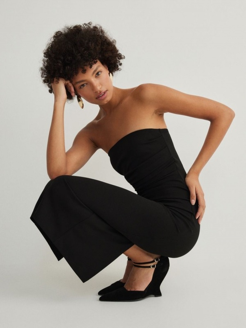 Black Reserved Midi Women's Dress | NDXF-70439