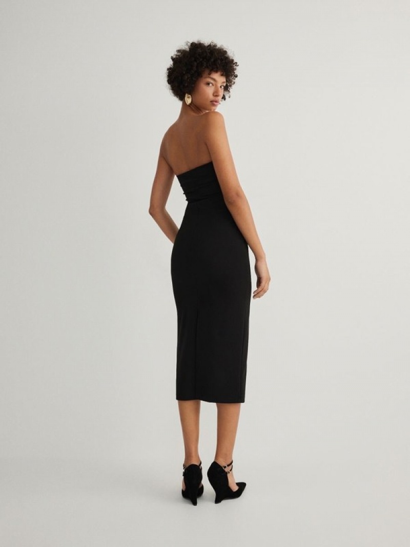 Black Reserved Midi Women's Dress | NDXF-70439