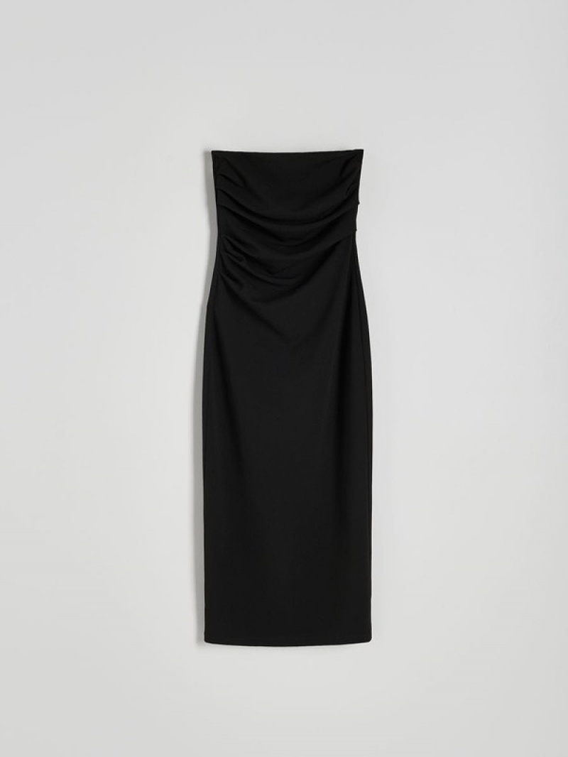 Black Reserved Midi Women's Dress | NDXF-70439