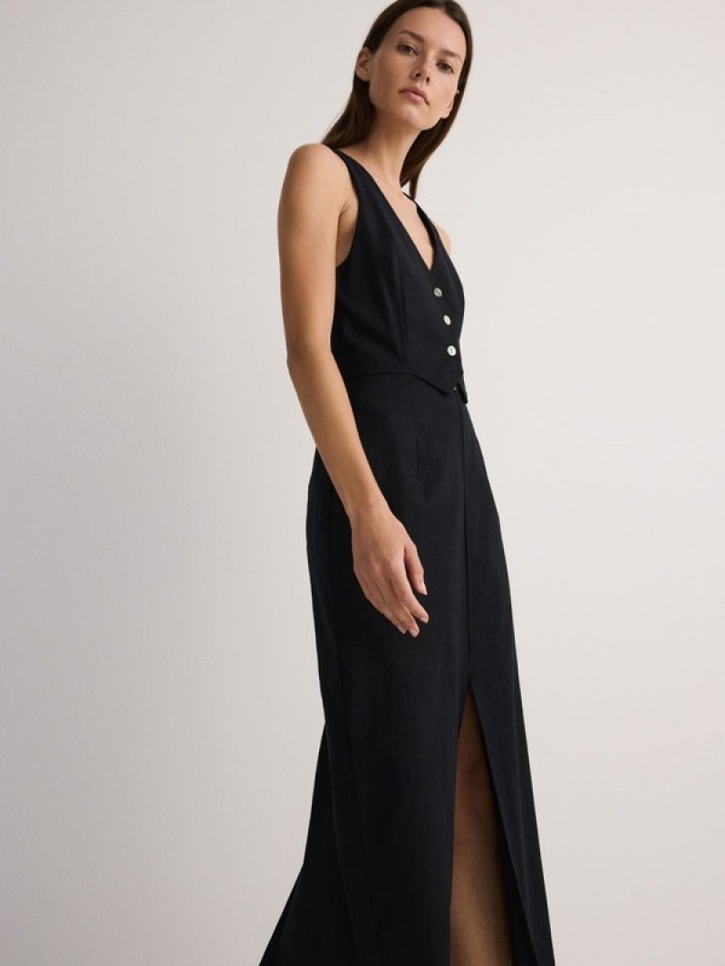 Black Reserved Midi Women's Dress | XCSZ-04837