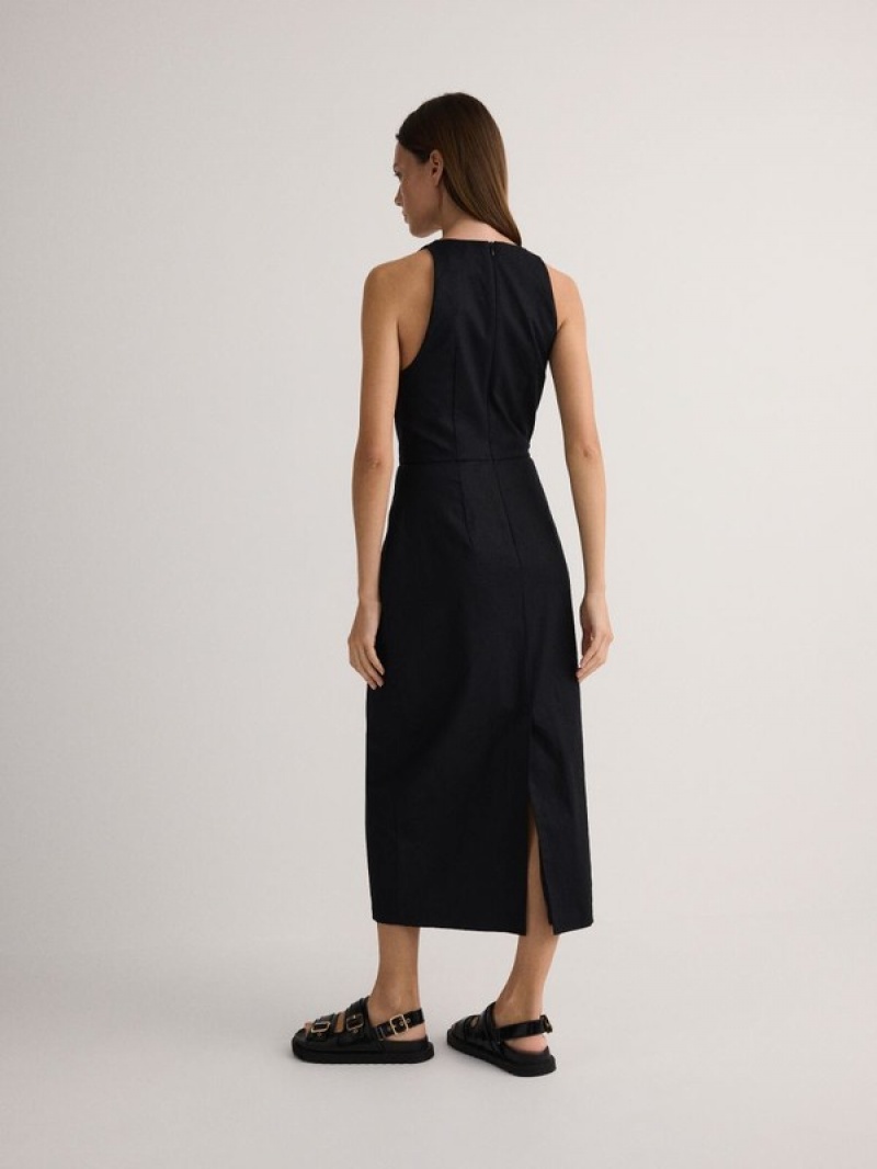 Black Reserved Midi Women's Dress | XCSZ-04837