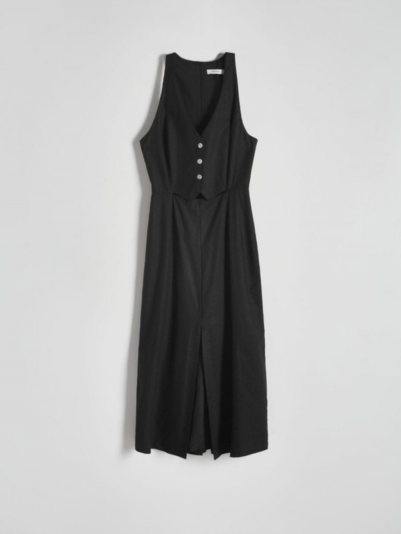 Black Reserved Midi Women's Dress | XCSZ-04837