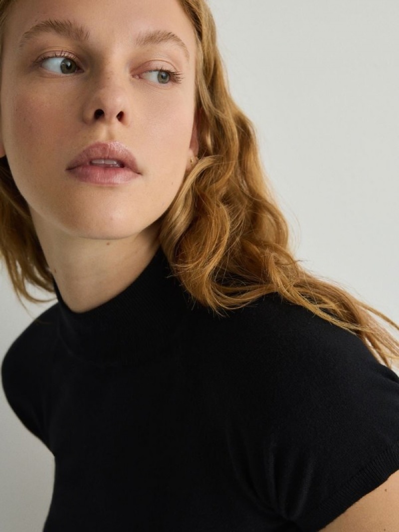 Black Reserved Mock Neck Women's Shirts | LMIB-70512