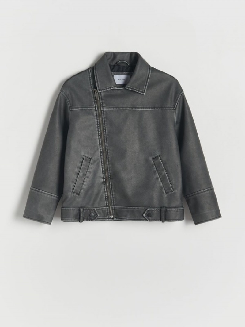 Black Reserved Oversized Biker Style Boys' Jackets | VCFD-87340