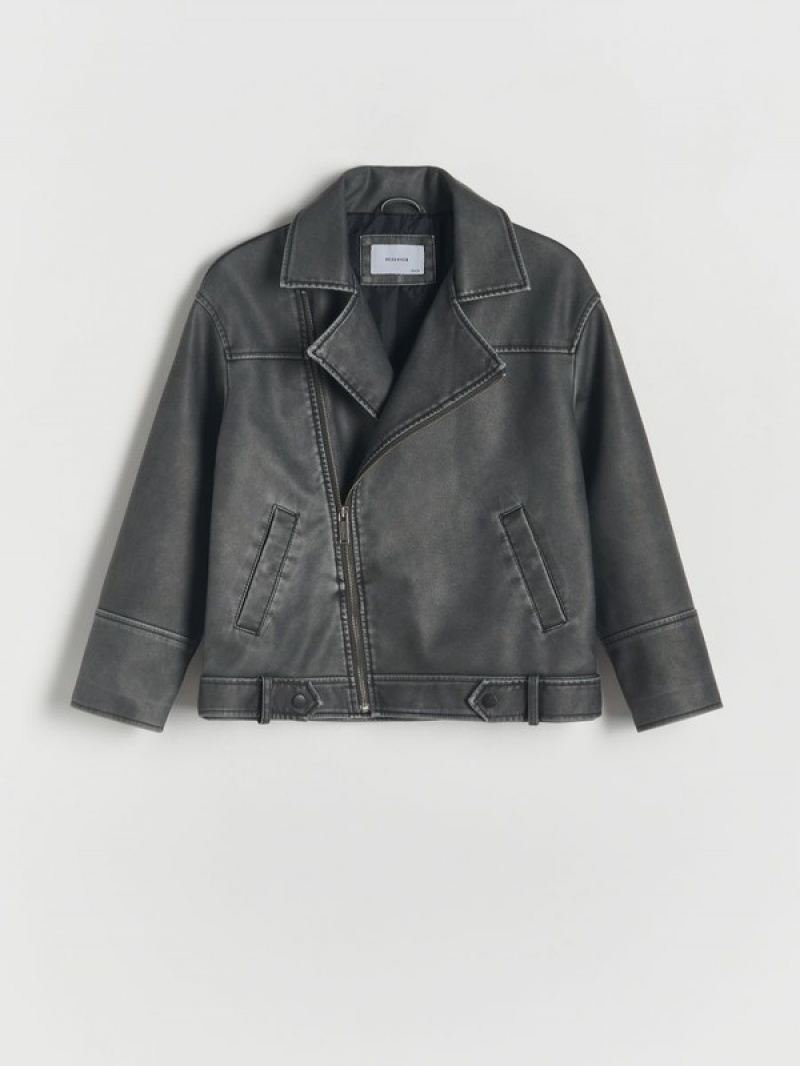 Black Reserved Oversized Biker Style Boys' Jackets | VCFD-87340