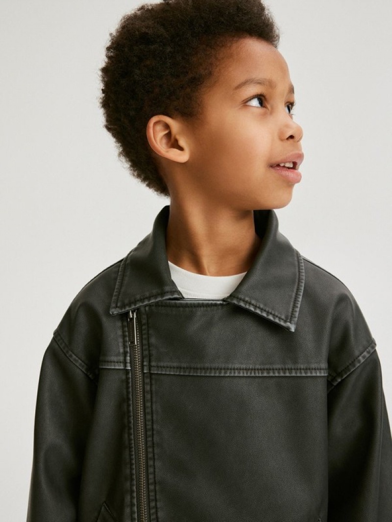 Black Reserved Oversized Biker Style Boys' Jackets | VCFD-87340