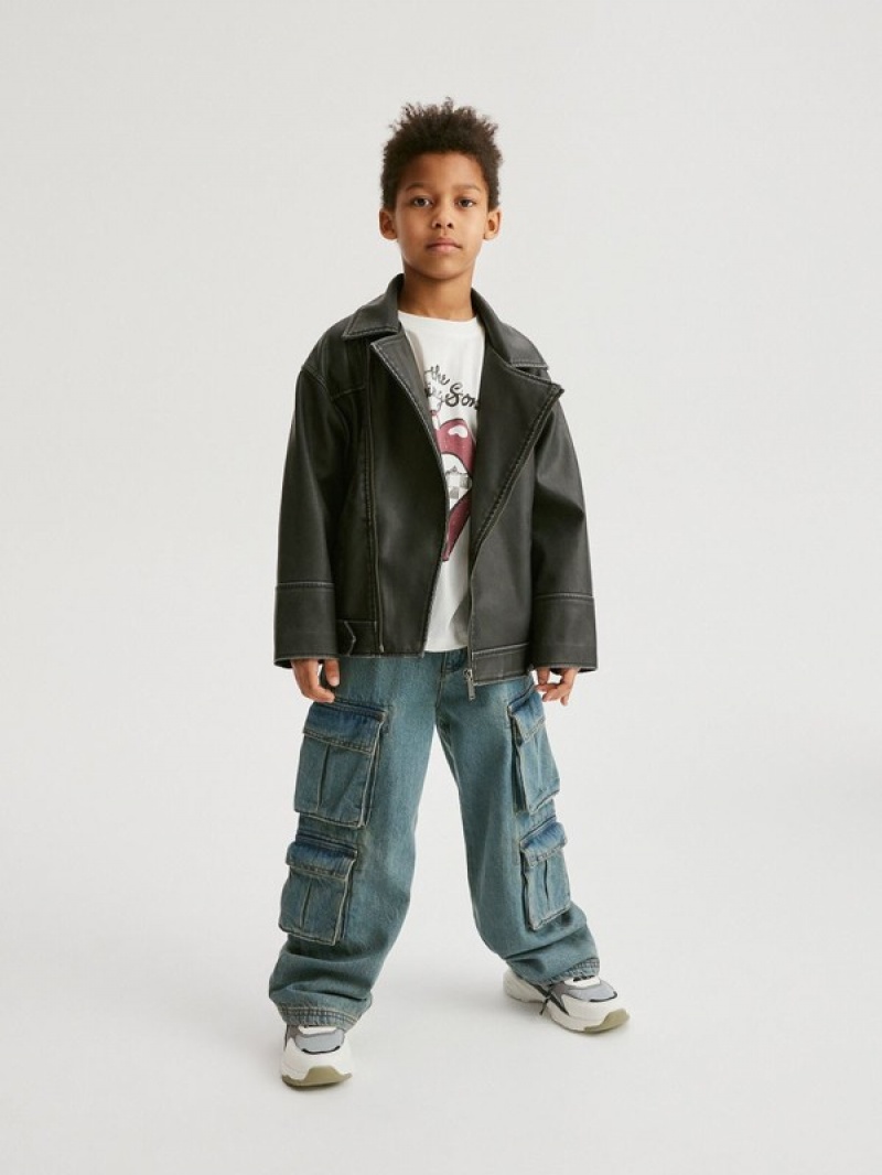 Black Reserved Oversized Biker Style Boys' Jackets | VCFD-87340