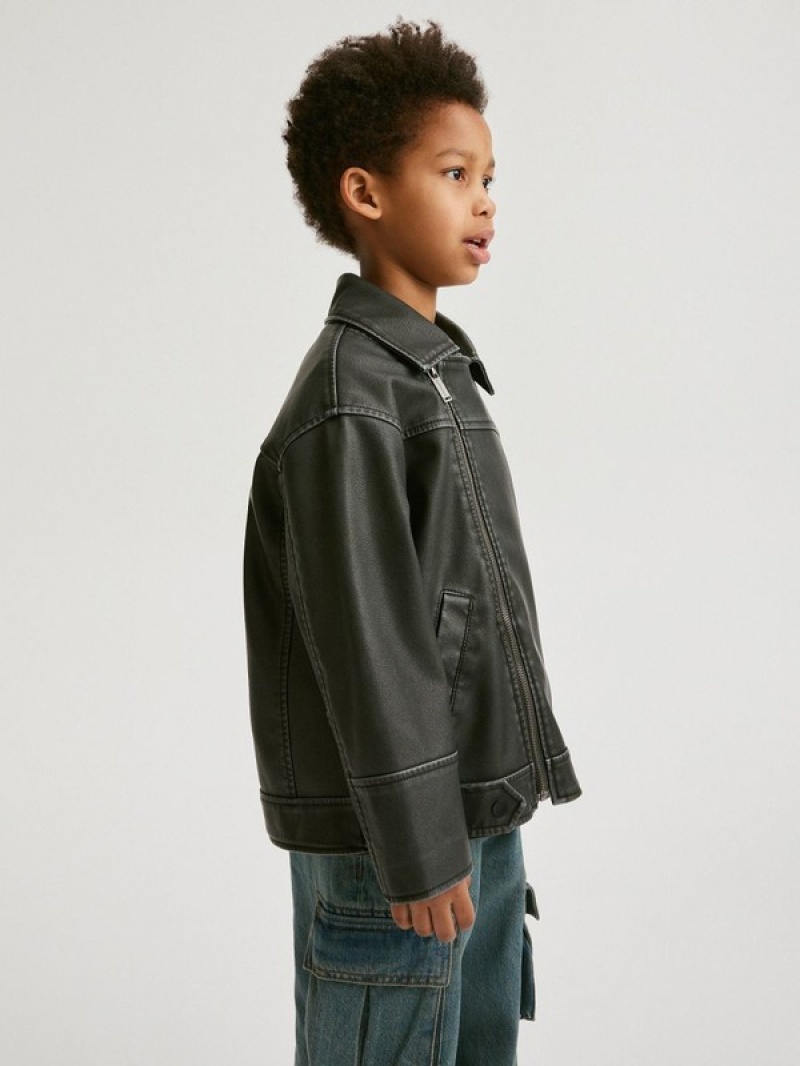 Black Reserved Oversized Biker Style Boys' Jackets | VCFD-87340