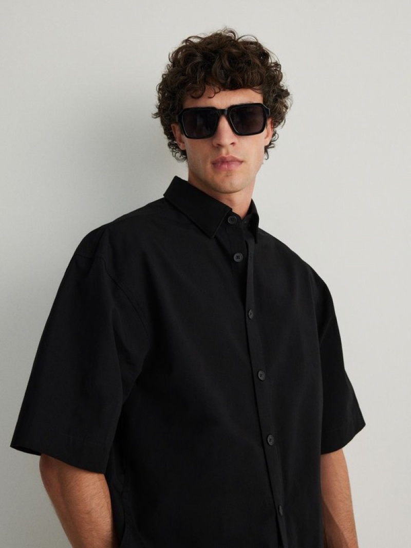 Black Reserved Oversized Men's Shirts | OIAG-43806