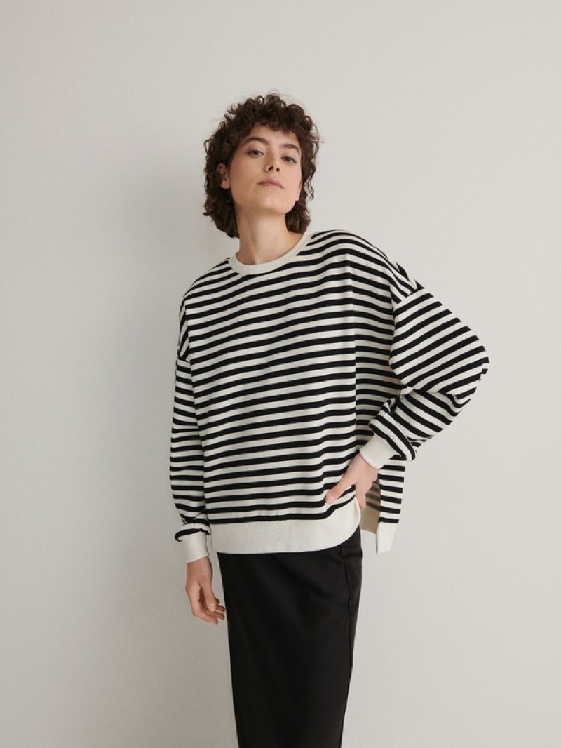 Black Reserved Oversized Stripe Women's Sweatshirts | OCKM-81672