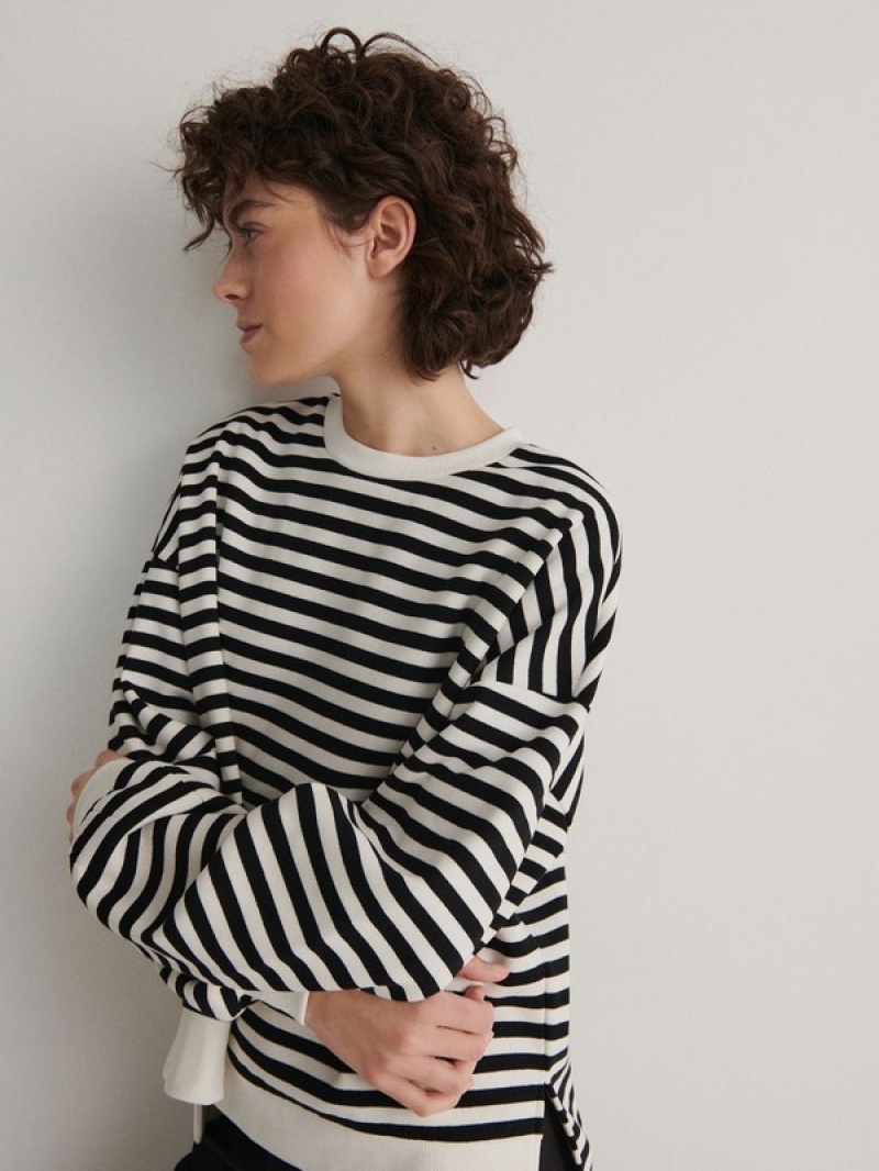 Black Reserved Oversized Stripe Women's Sweatshirts | OCKM-81672