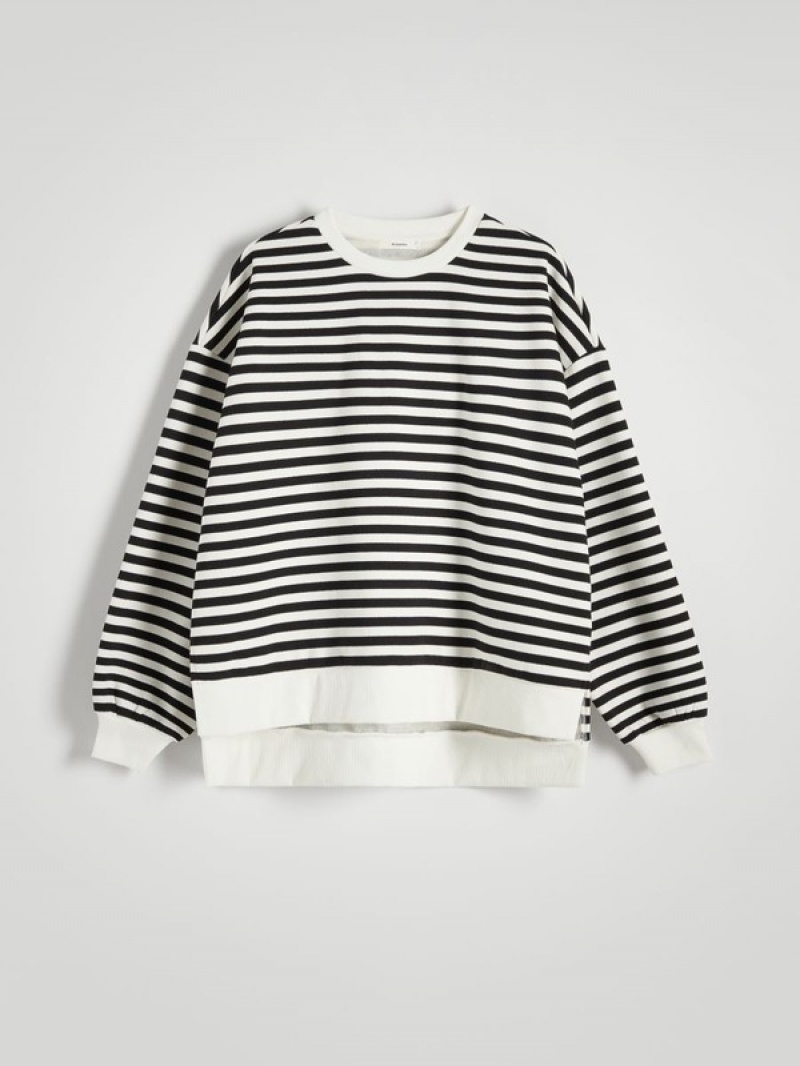 Black Reserved Oversized Stripe Women\'s Sweatshirts | OCKM-81672