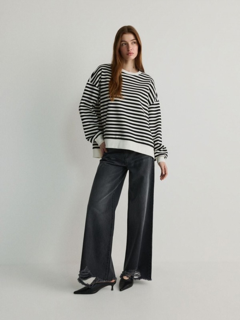 Black Reserved Oversized Stripe Women's Sweatshirts | SPKC-49570