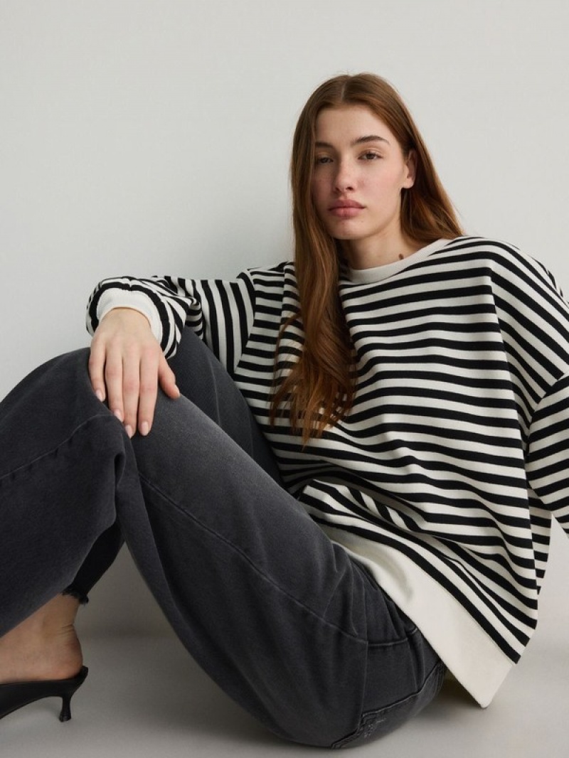 Black Reserved Oversized Stripe Women's Sweatshirts | SPKC-49570