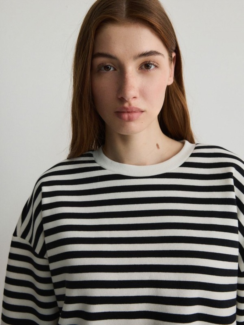 Black Reserved Oversized Stripe Women's Sweatshirts | SPKC-49570