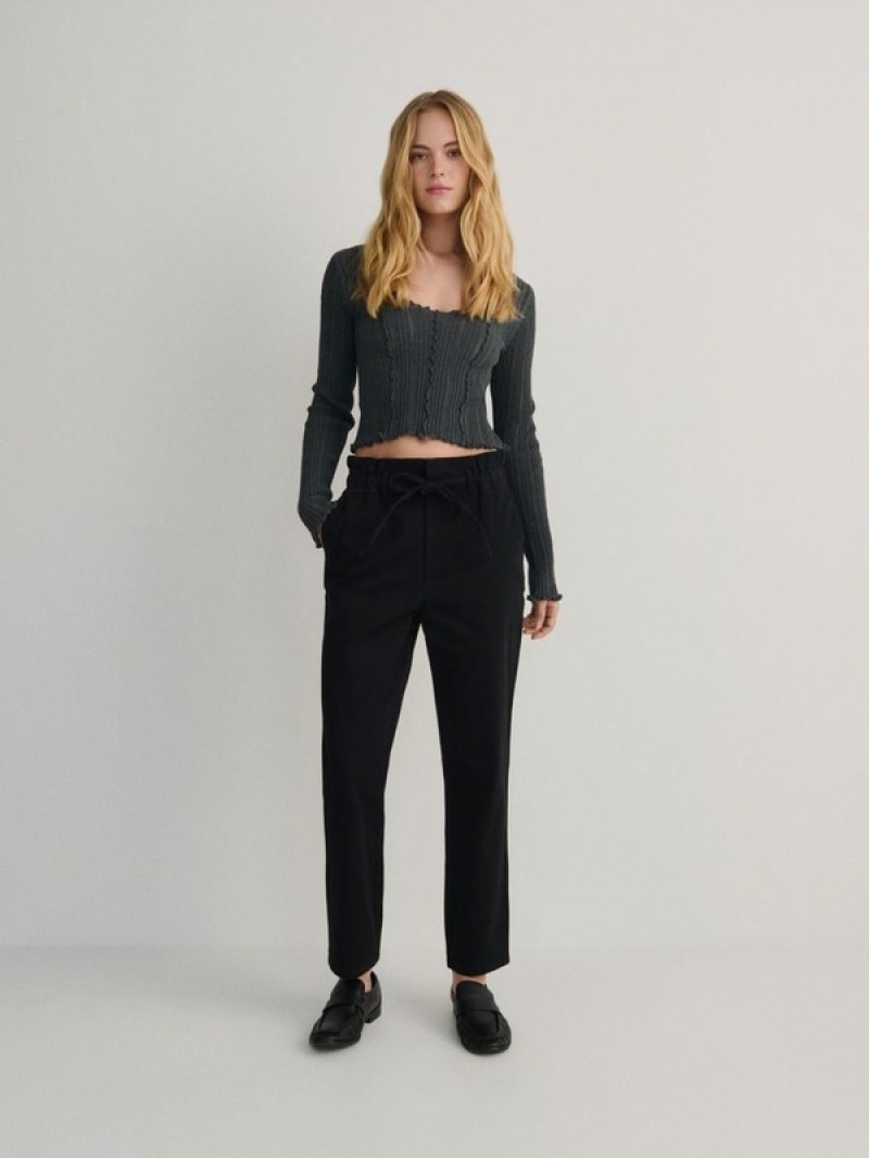 Black Reserved Paperbag Women's Trousers | PYDB-09785