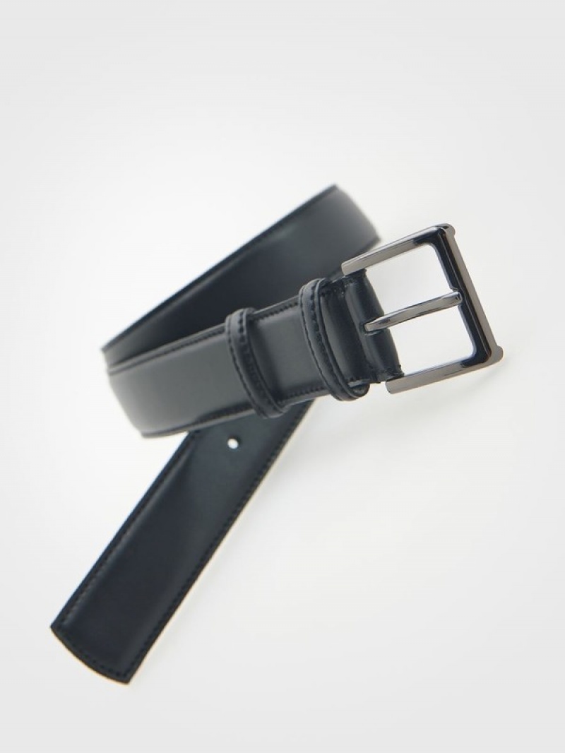 Black Reserved Plain Leather Men's Belts | HVXS-76028