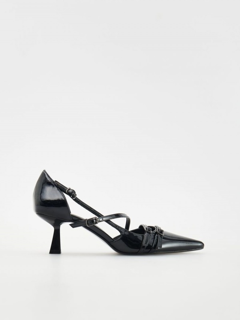 Black Reserved Pumpsdecorative Straps And Buckles Women's Heels | FMQS-68053