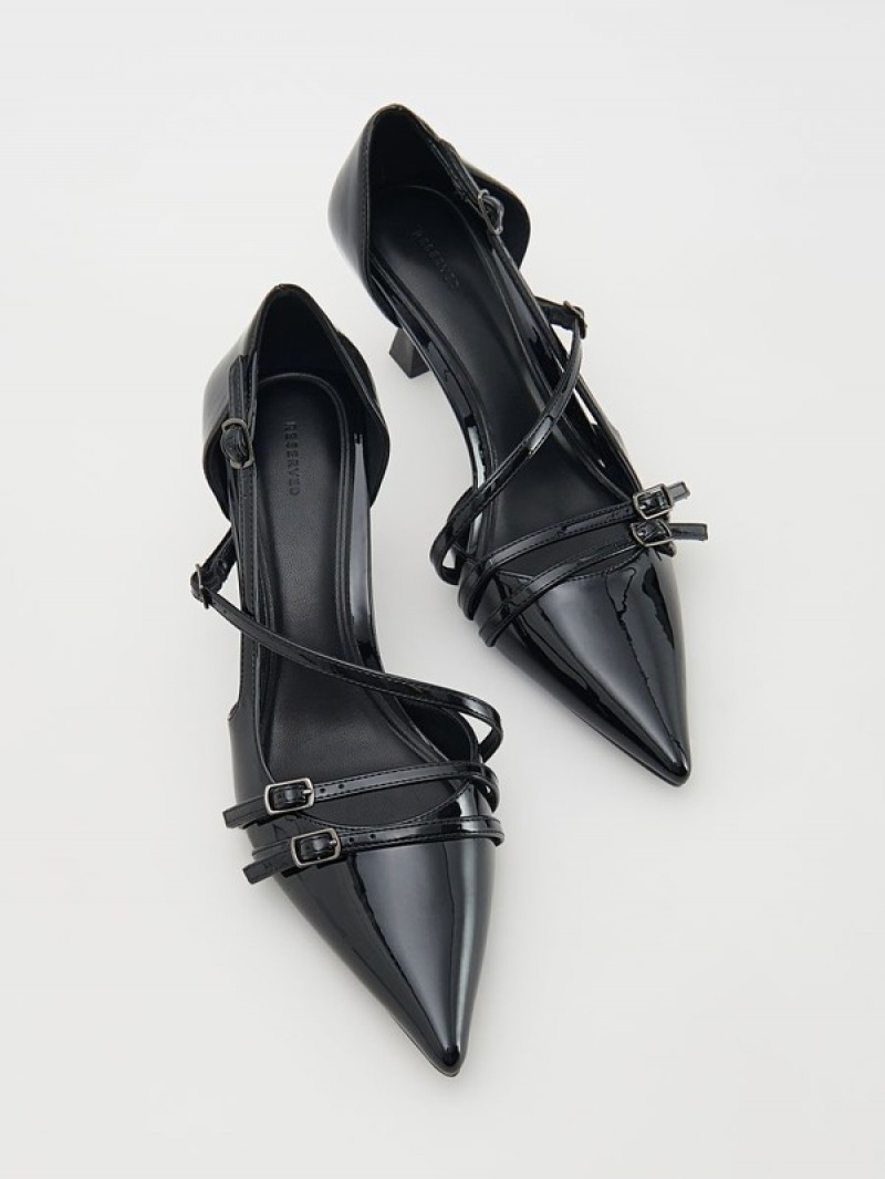 Black Reserved Pumpsdecorative Straps And Buckles Women's Heels | FMQS-68053