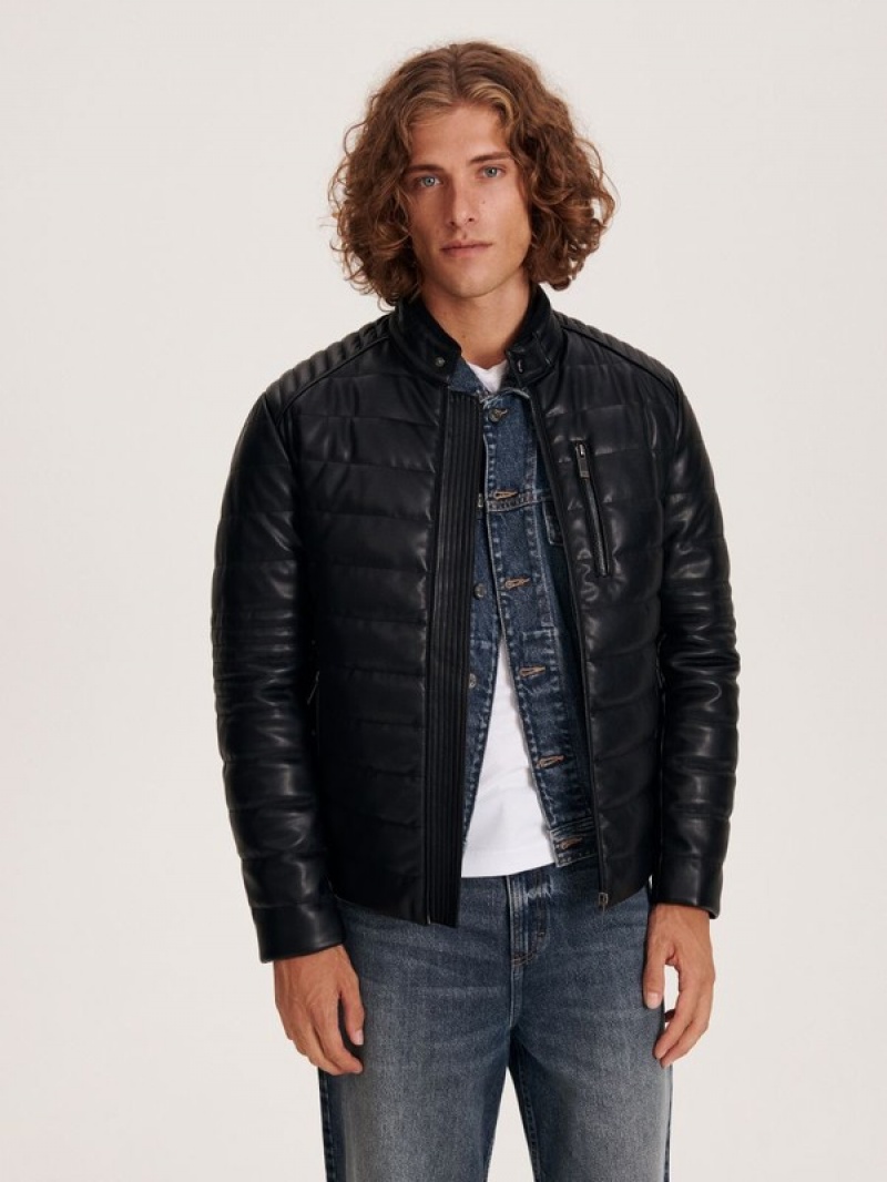 Black Reserved Quilted Biker Men's Jackets | SFKA-58397