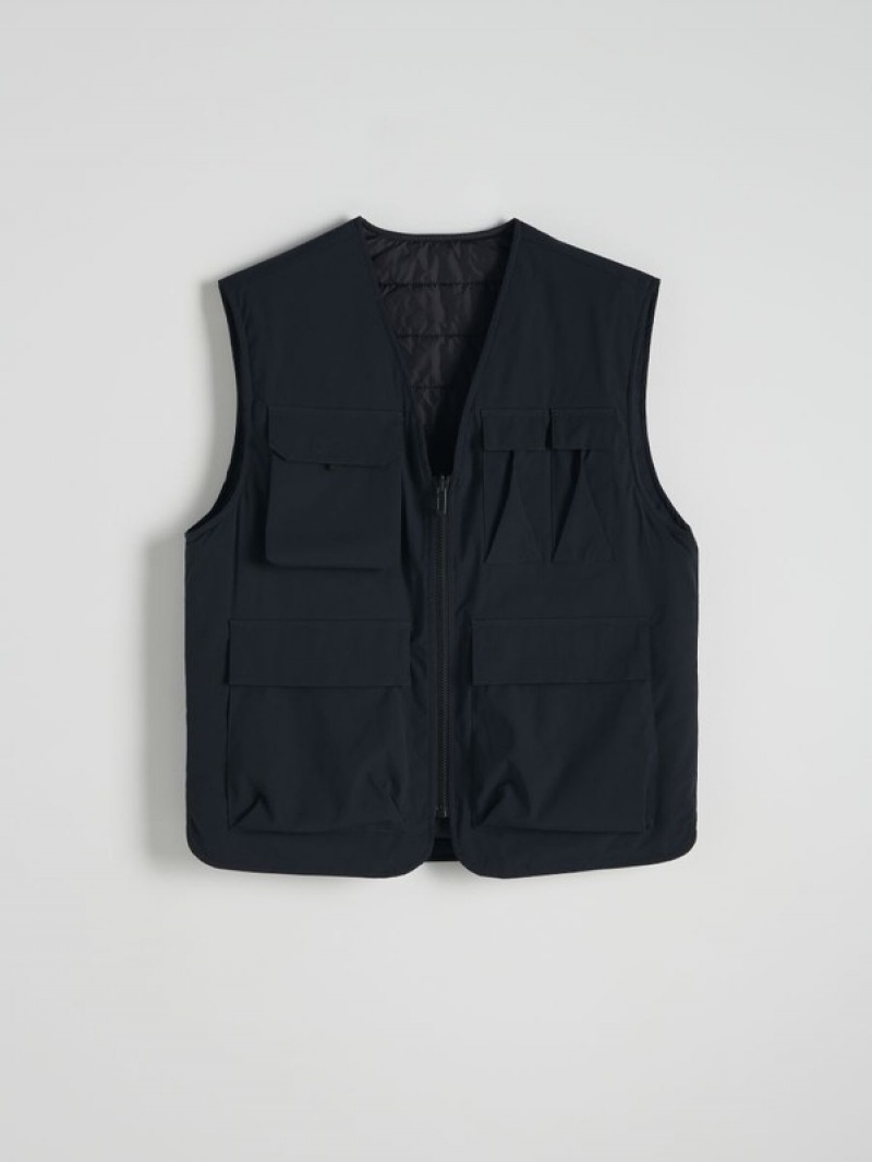 Black Reserved Reversible Men's Vests | ZCNT-28354