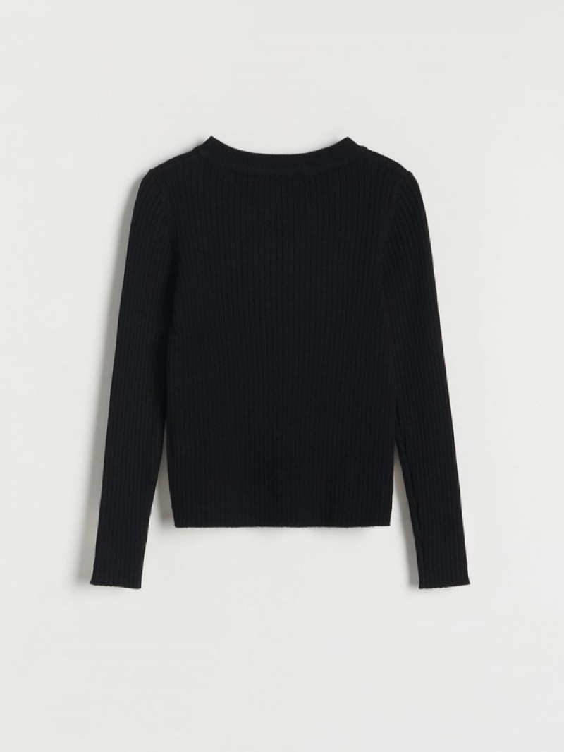 Black Reserved Rib Knit Girls' Sweaters | VDBS-63750