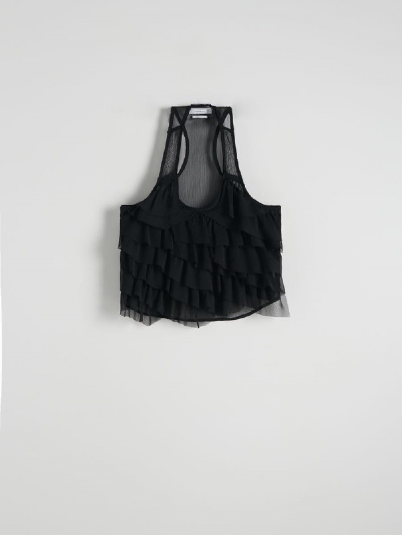 Black Reserved Ruffle Top Women's T-shirts | YFIJ-29605