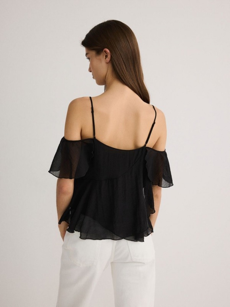 Black Reserved Ruffle Women's T-shirts | OATB-60172