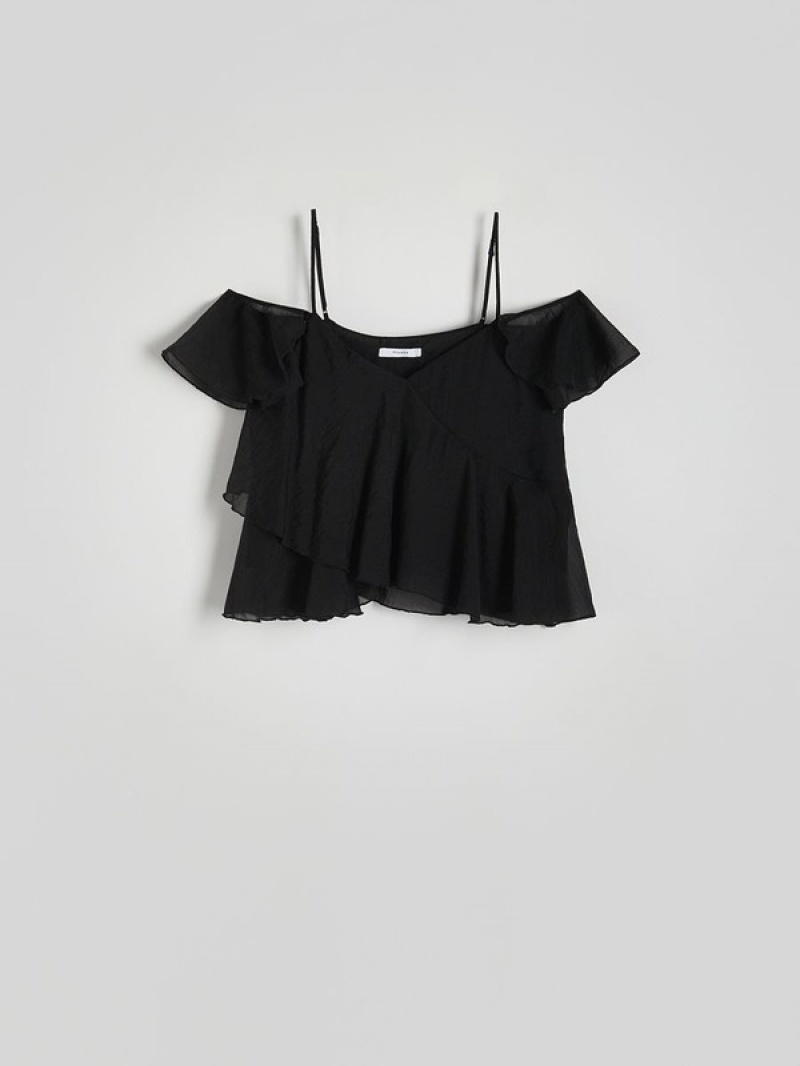 Black Reserved Ruffle Women's T-shirts | OATB-60172