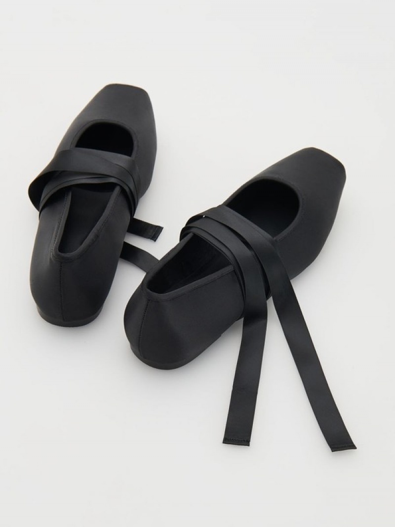 Black Reserved Satin Ballerinastie Straps Women's Loafers | UVSA-73904