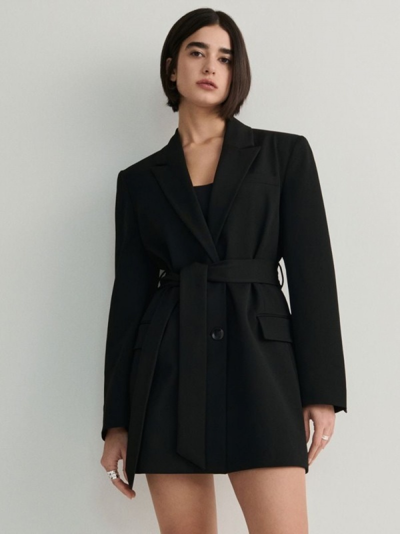 Black Reserved Single-breastedtie Waist Women's Blazers | CYKW-49278