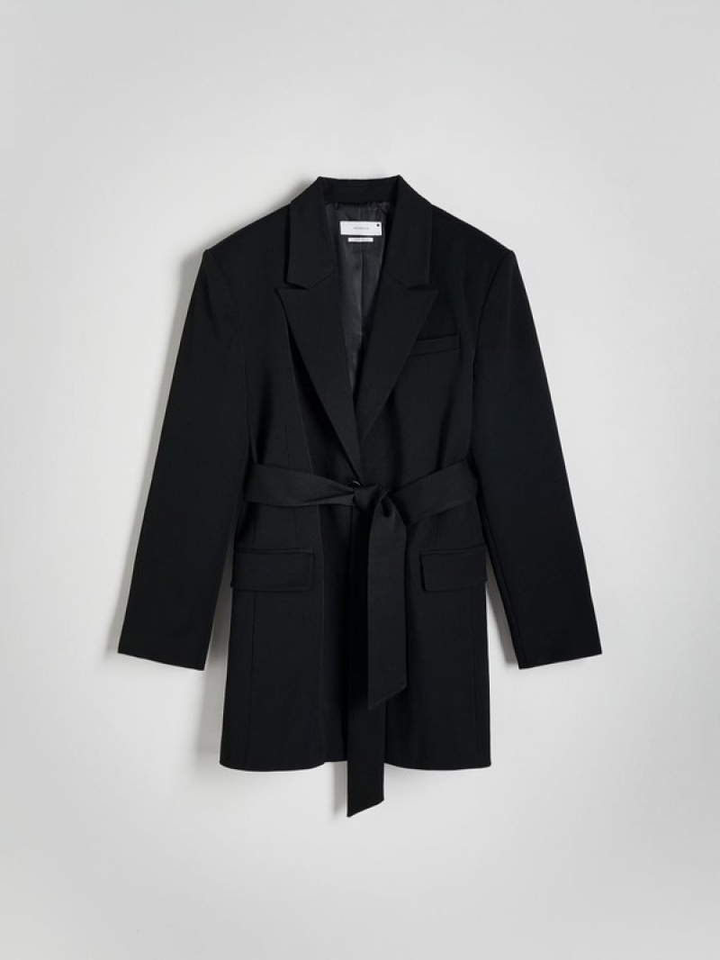 Black Reserved Single-breastedtie Waist Women's Blazers | CYKW-49278