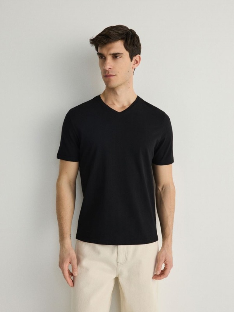 Black Reserved Slim Fit V-neck Men's T-shirts | IEMG-74259