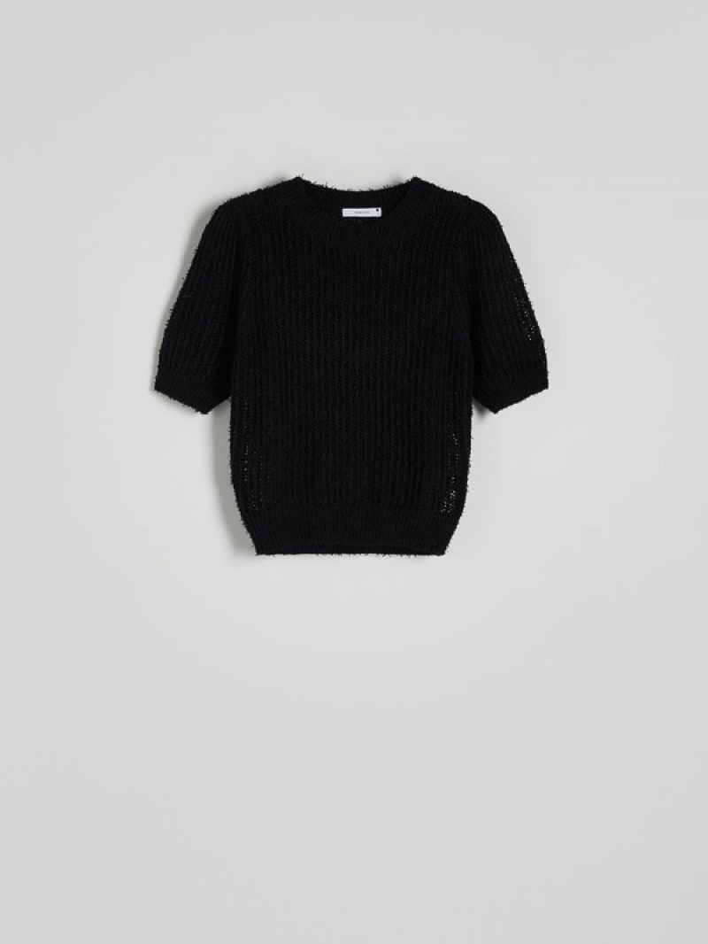 Black Reserved Structural Knit Women's Sweaters | LKMC-51896