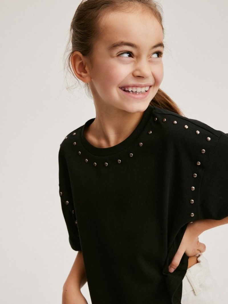 Black Reserved Studded Girls' T-shirts | NGEM-30659