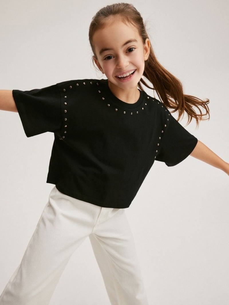 Black Reserved Studded Girls' T-shirts | NGEM-30659