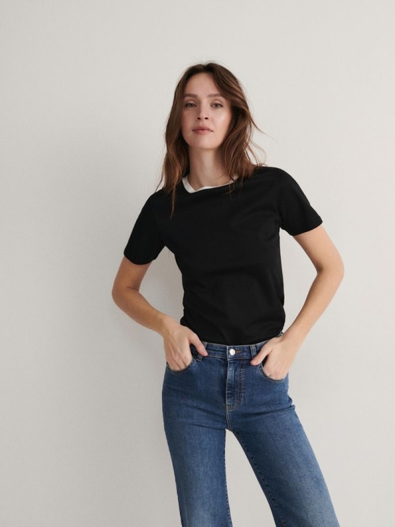 Black Reserved T-contrasting Trim Women's T-shirts | ASFX-13579