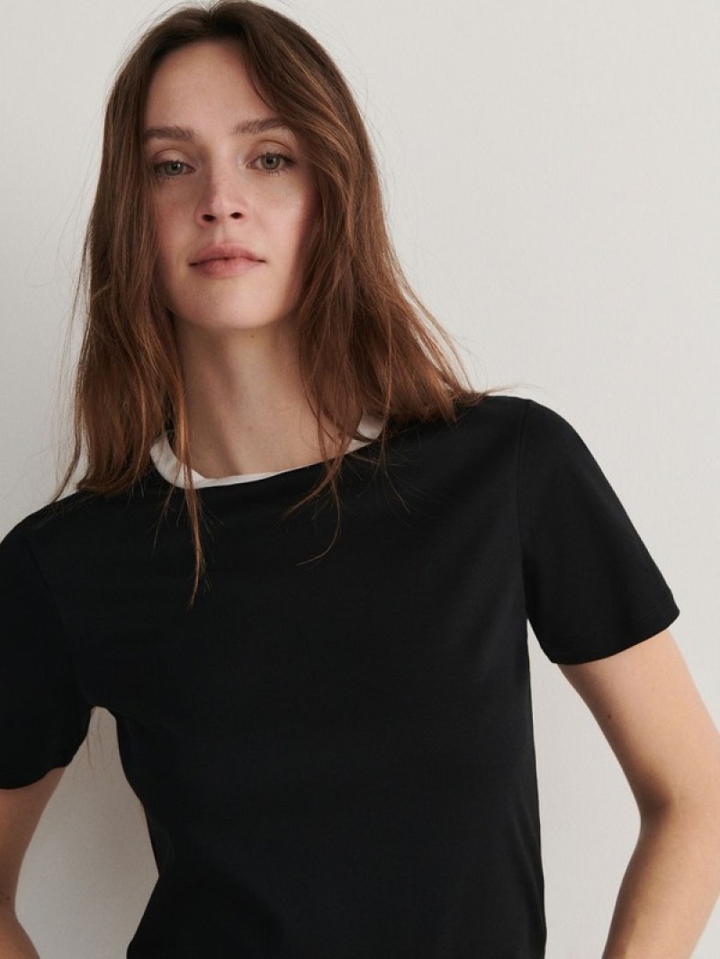 Black Reserved T-contrasting Trim Women's T-shirts | ASFX-13579