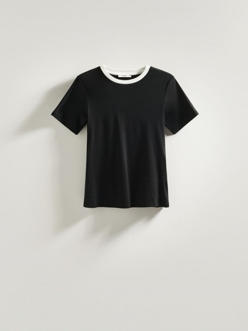 Black Reserved T-contrasting Trim Women's T-shirts | ASFX-13579