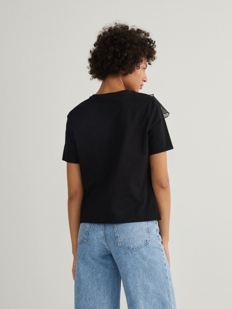 Black Reserved T-decorative Ruffle Detail Women's Shirts | TSLI-75284