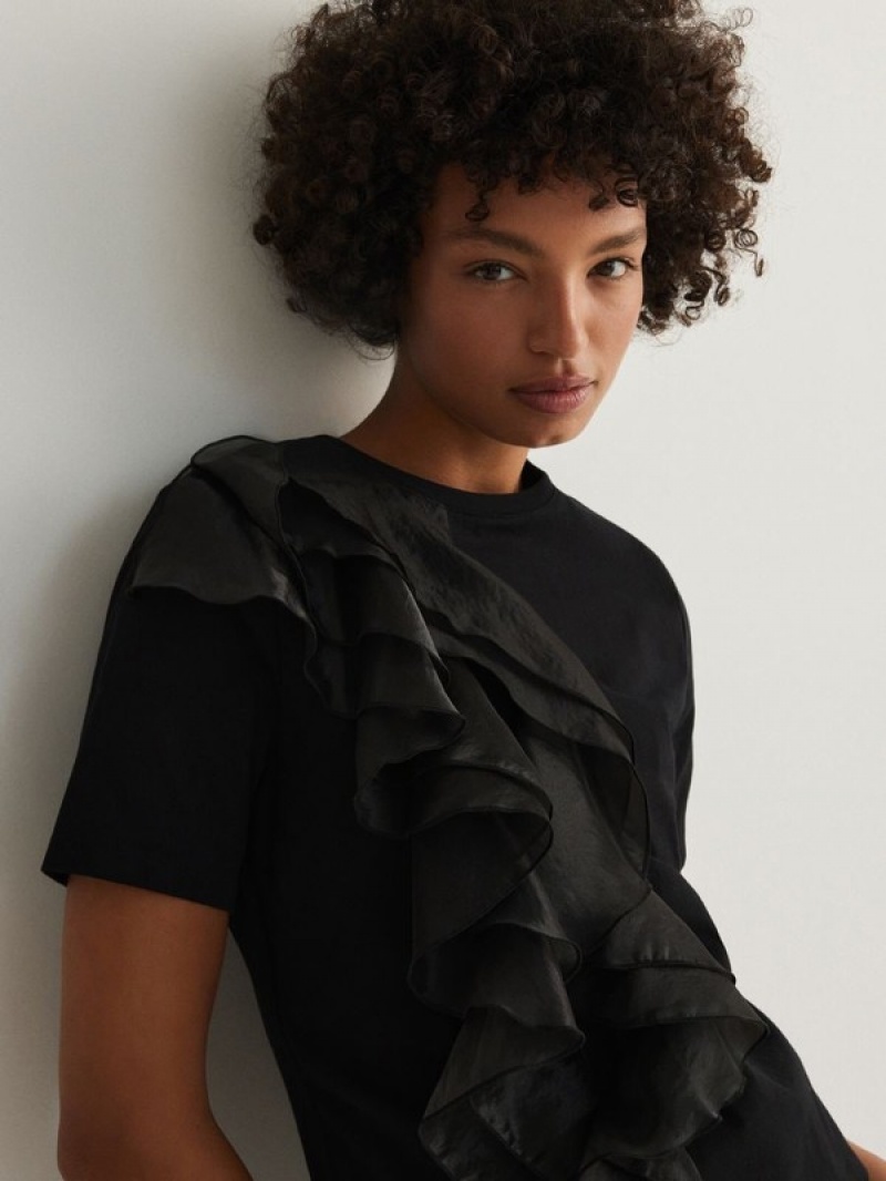 Black Reserved T-decorative Ruffle Detail Women's Shirts | TSLI-75284