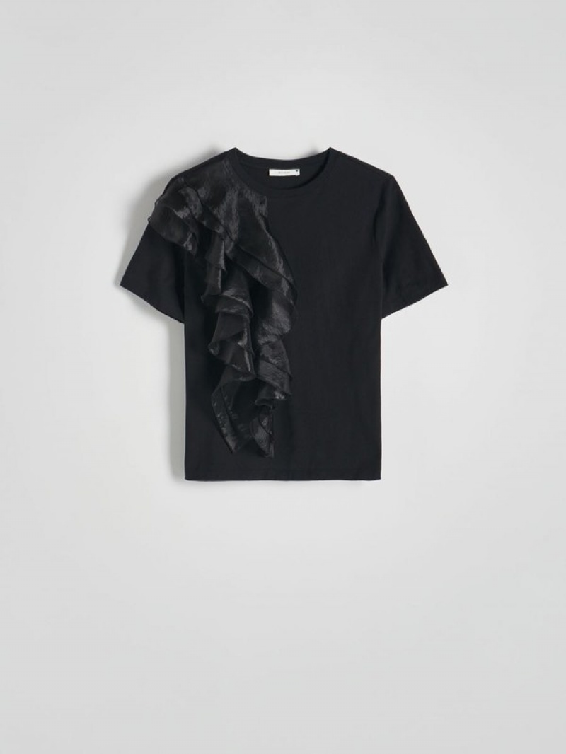 Black Reserved T-decorative Ruffle Detail Women's Shirts | TSLI-75284