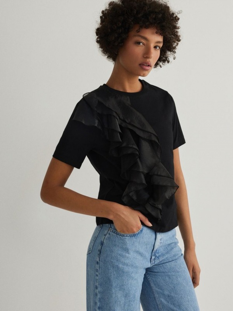 Black Reserved T-decorative Ruffle Detail Women\'s Shirts | TSLI-75284