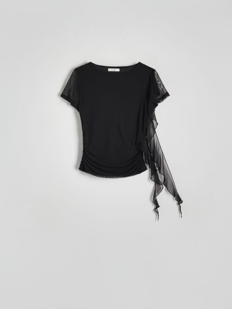 Black Reserved T-decorative Trimming Women's Shirts | INYS-21057