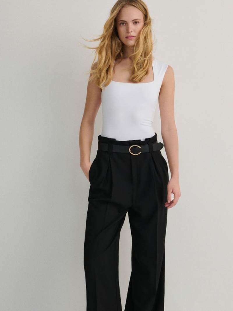 Black Reserved Tie Waist Women's Trousers | KAJM-50234