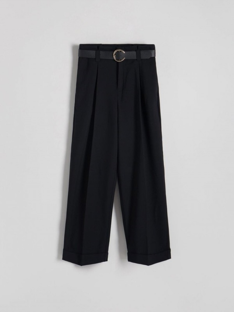 Black Reserved Tie Waist Women's Trousers | KAJM-50234