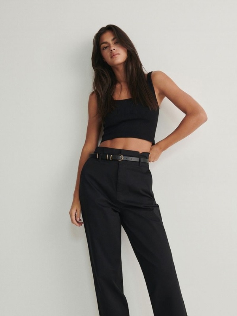 Black Reserved Tie Waist Women's Trousers | XPQV-96710