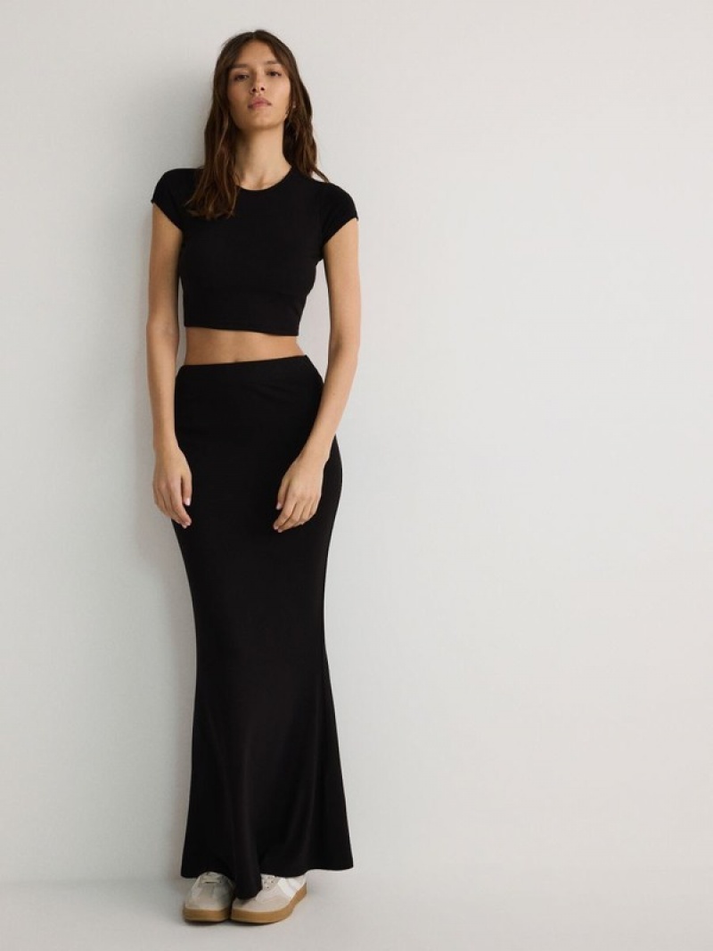 Black Reserved Viscose Jersey Women's Skirts | NBQE-15937