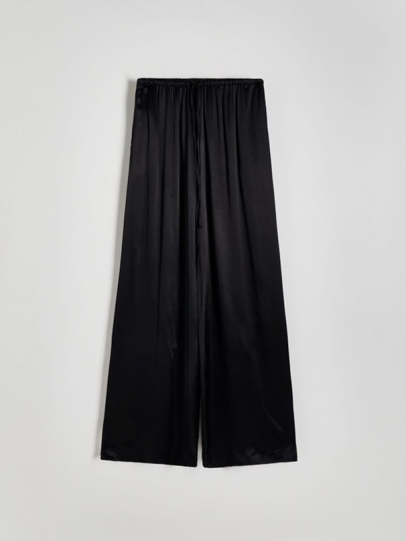 Black Reserved Viscose Rich Satin Palazzo Women's Trousers | GVUY-37412