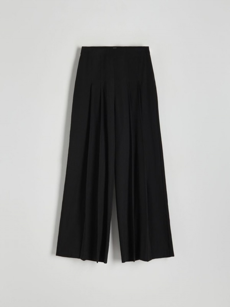 Black Reserved Viscose Rich Wide Leg High Waist Women's Trousers | YZFL-98756